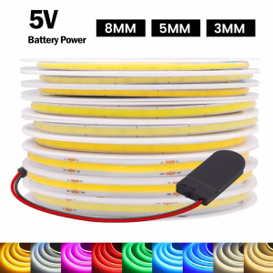 XUNATA COB LED Strip Light 5V - Battery Powered - 320 LEDs/M - Flexible Tape Light - Multiple Colors