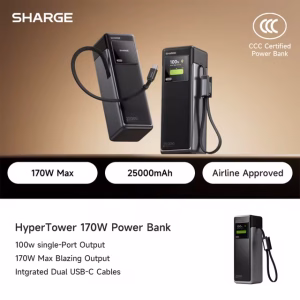 SHARGE HyperTower 170W Power Bank 25000mAh - Built-in Dual USB-C Cables - Laptop Charger - Digital Display