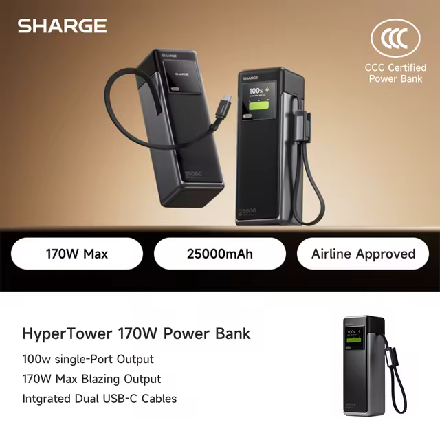SHARGE HyperTower 170W Power Bank 25000mAh - Built-in Dual USB-C Cables - Laptop Charger - Digital Display