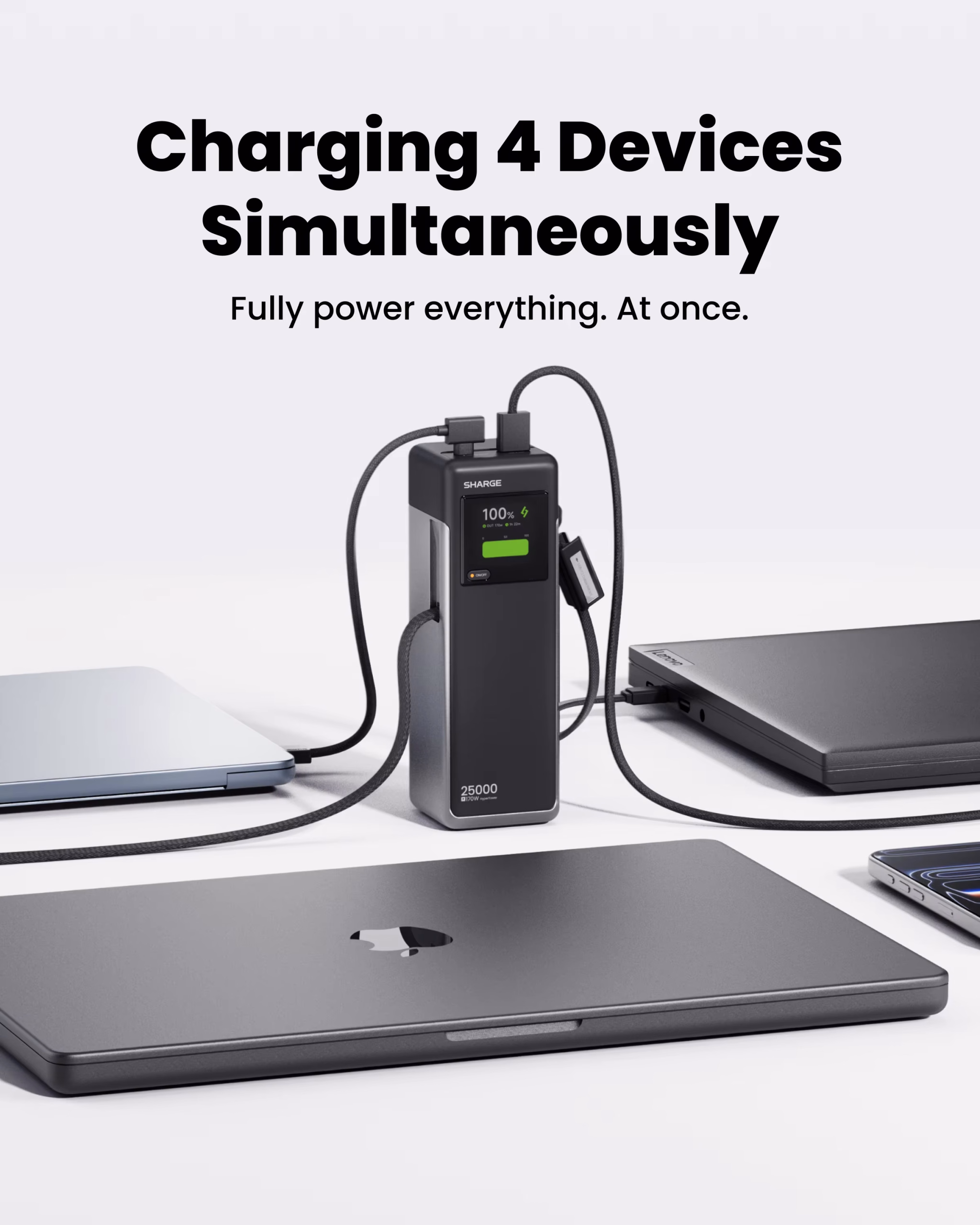 SHARGE HyperTower 170W Power Bank 25000mAh - Built-in Dual USB-C Cables - Laptop Charger - Digital Display - Image 4