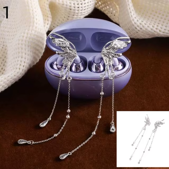 Angel Wing Earphone Clips with Chain - Silver