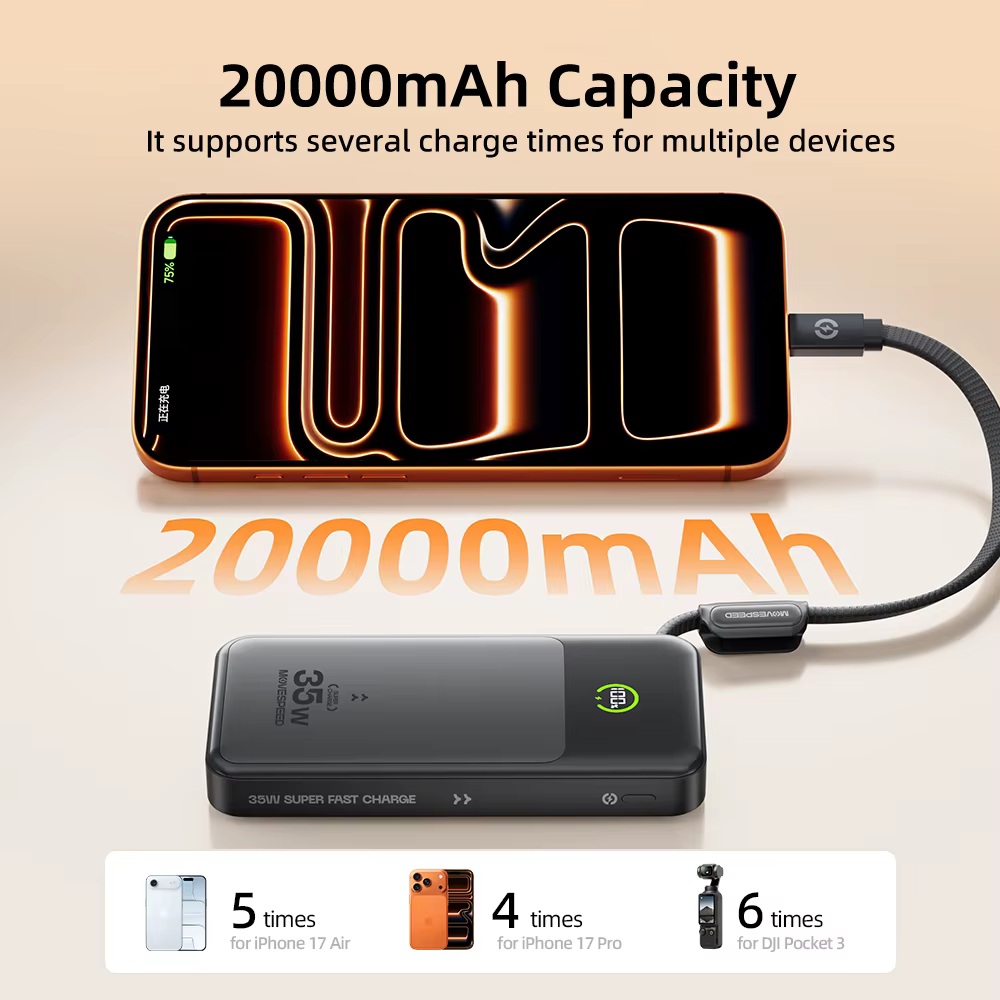 MOVESPEED P20 35W Power Bank 20000mAh - Semi-Solid Battery - Built-in Type-C Cable - PD Fast Charging - Digital Display - Image 5
