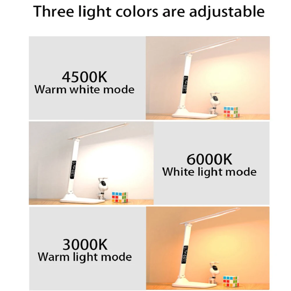 Folding Table Lamp USB Reading Touch Dimmable Eye Protection With Alarm Clock Thermometer LED Desk Lamp USB Charge Night Light - Image 4