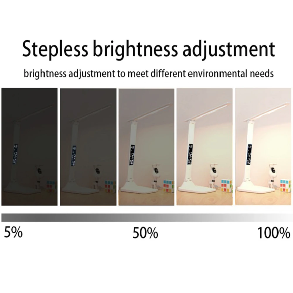 Folding Table Lamp USB Reading Touch Dimmable Eye Protection With Alarm Clock Thermometer LED Desk Lamp USB Charge Night Light - Image 2